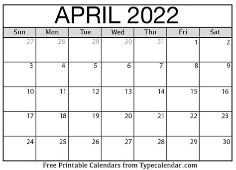 Printable April 2022 Calendar Pdf